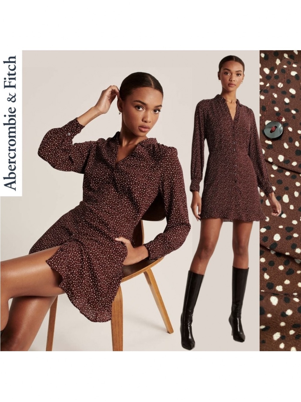 Abercrombie & Fitch Maroon Dot Print Long-Sleeve Mini Dress